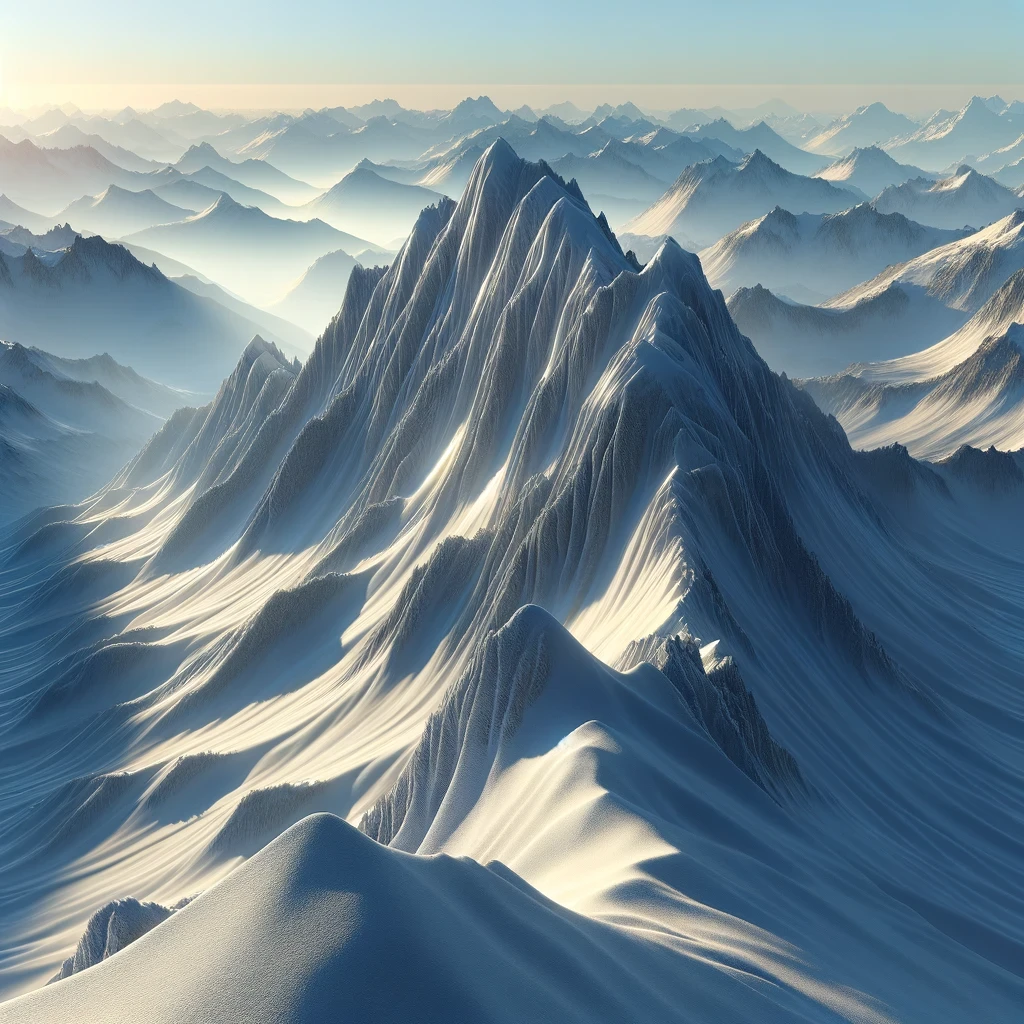 This artwork captures the majestic tranquility of a snowy mountain ridge.