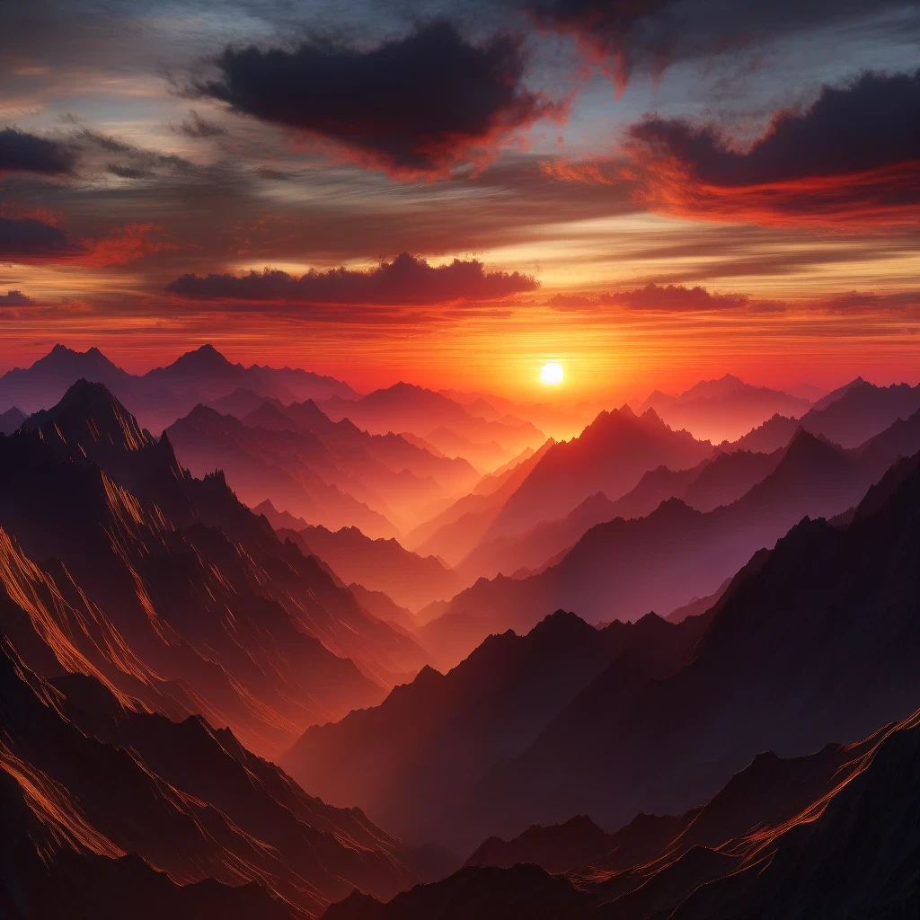 This artwork captures the dramatic and serene mood of a mountain ridge at sunset.