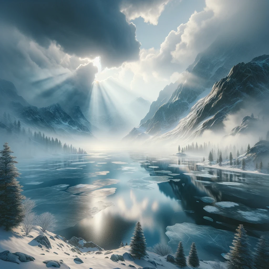 This artwork captures the solemnity and stark beauty of a winter mountain landscape.