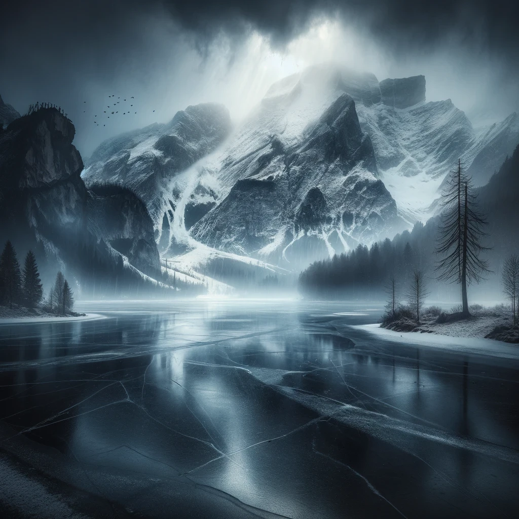 In this solemn winter scene, a partly frozen lake lies cradled at the feet of a grand mountain range.