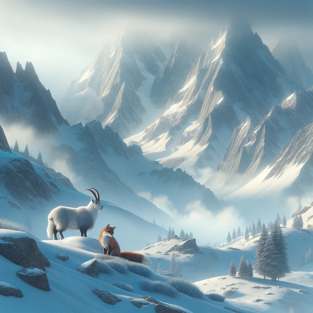 This artwork captures the serene yet formidable essence of a winter mountain landscape.