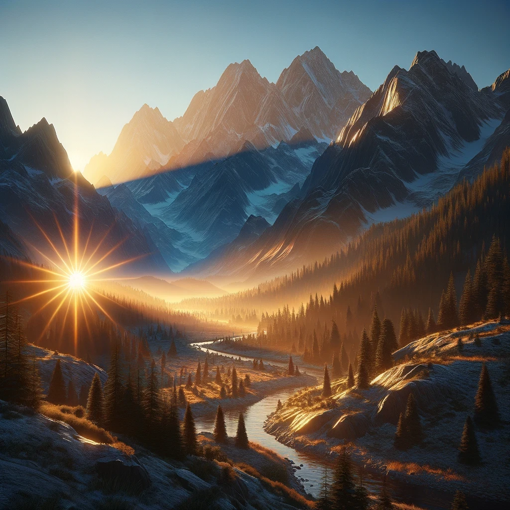 In this depiction, the first light of dawn bathes a rugged mountain range in a warm, golden glow.