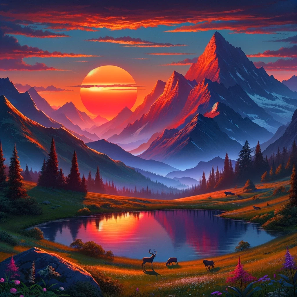 As the day draws to a close, this artwork portrays a mountainous landscape bathed in the fiery hues of the setting sun.