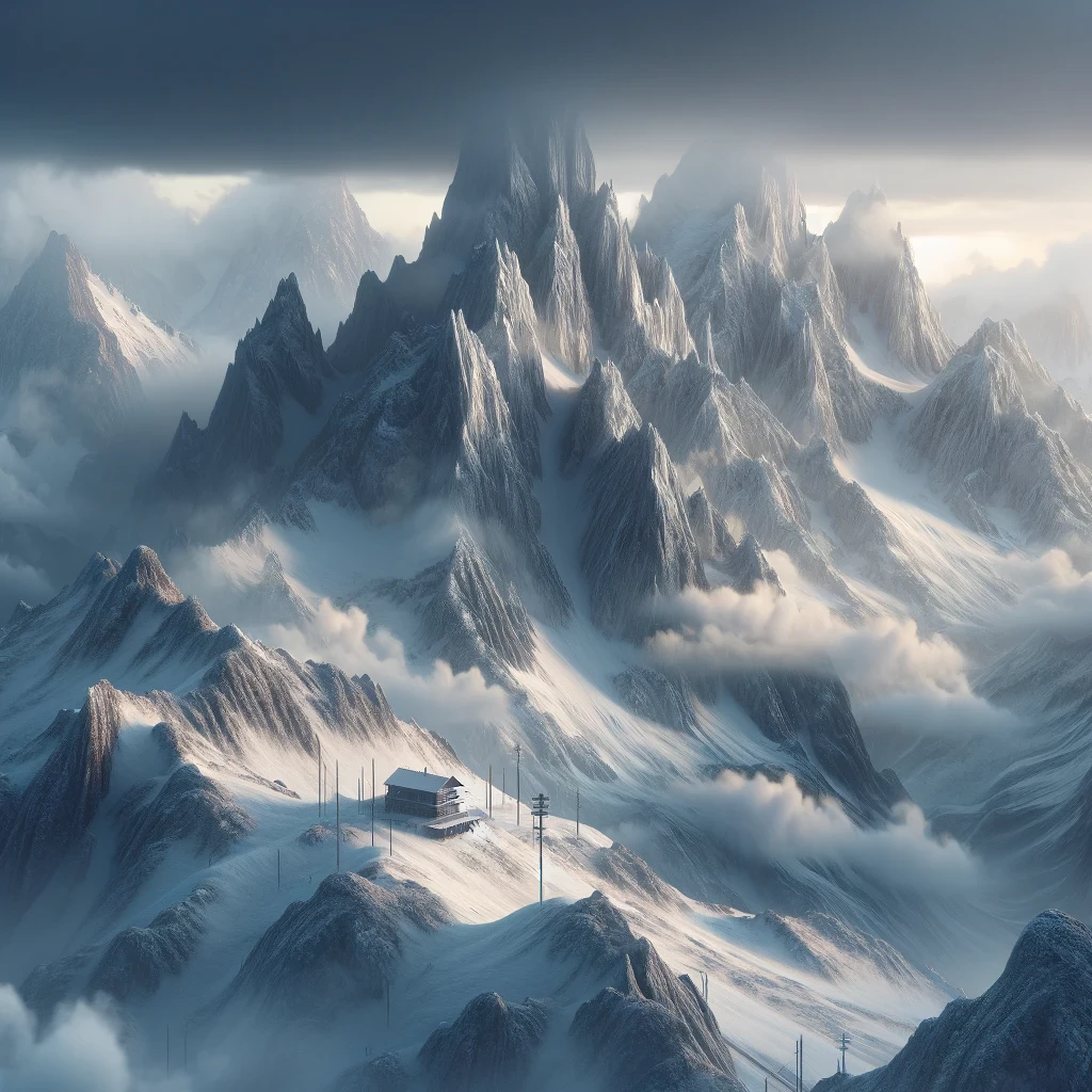 This piece captures the serene yet intense nature of snow-covered mountains, shrouded in a blanket of fog and clouds.