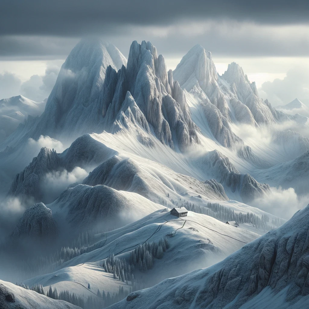 This piece captures the serene yet imposing essence of snow-covered mountain peaks, emerging through a veil of fog and clouds.