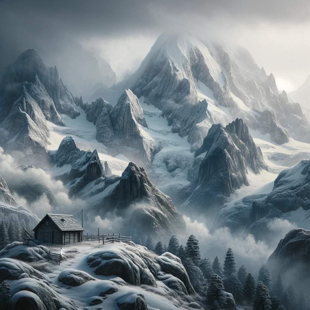 This artwork captures a serene, snow-covered mountain landscape, its summits gracefully shrouded in fog and clouds.