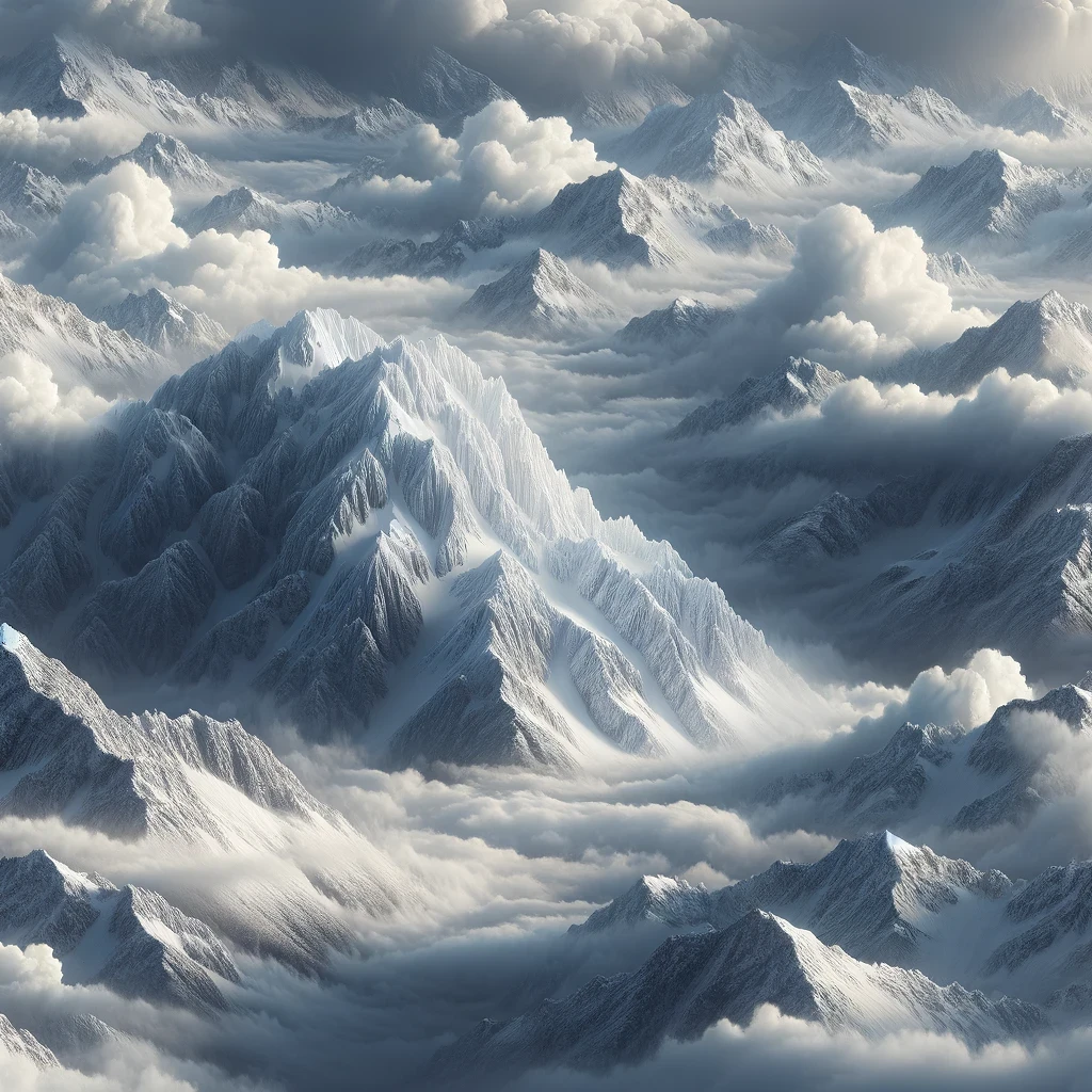 This artwork captures the serene yet formidable essence of a snow-covered mountain landscape.