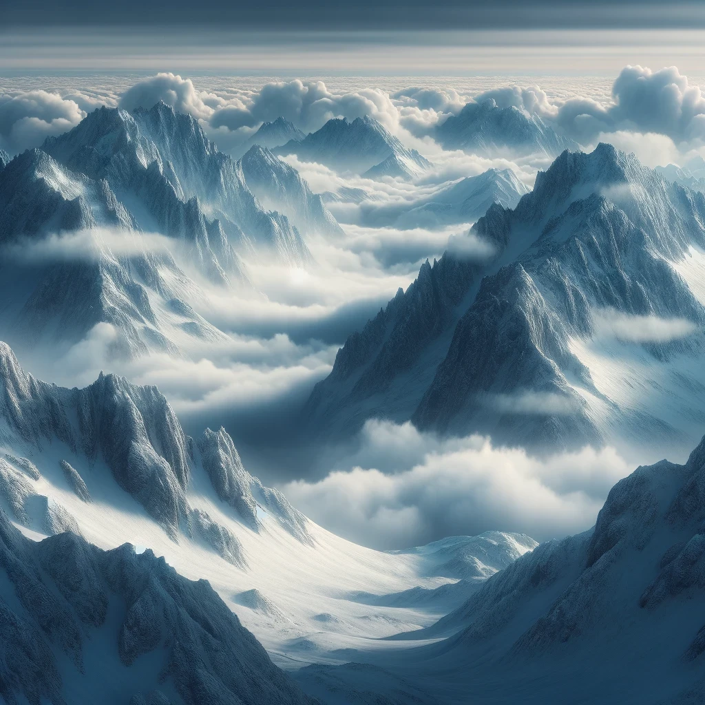 This artwork captures the serene yet imposing essence of a high-altitude mountain landscape.